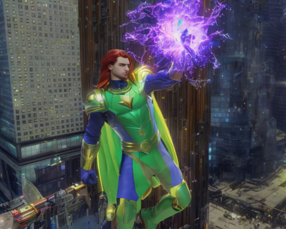 Red-haired superhero in green and yellow costume conjures purple energy sphere in futuristic city.