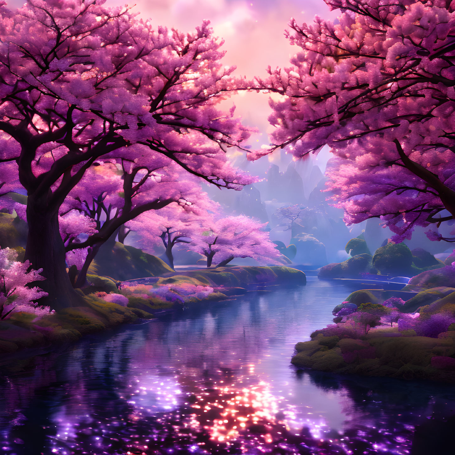 Tranquil digital art: Pink cherry blossom forest by river under mauve sky