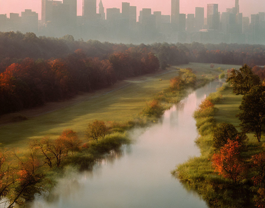 Tranquil river on tree-lined golf course with autumn foliage and distant city skyline at sunrise.