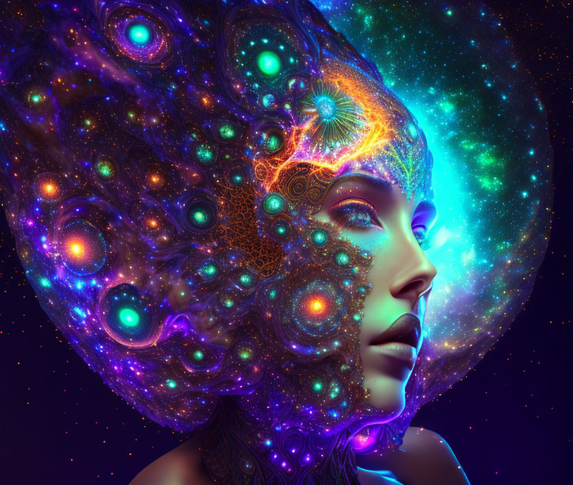 Colorful digital artwork of a woman with cosmic headdress and glowing patterns