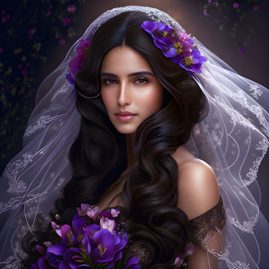 Digital portrait of woman with long wavy hair, bridal veil, and purple bouquet