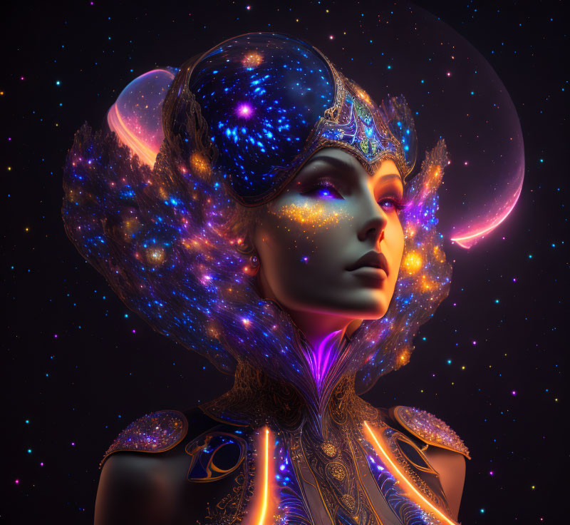 Digital art portrait of a woman with galaxy headdress and space elements on starry backdrop