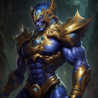 Blue-skinned fantasy character in ornate golden armor with winged helmet