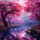 Tranquil digital art: Pink cherry blossom forest by river under mauve sky