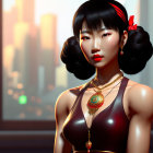 Digital artwork of a woman with stylized hair and red accessories in urban setting