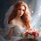 Red-haired woman in bridal gown with floral headpiece and bouquet.