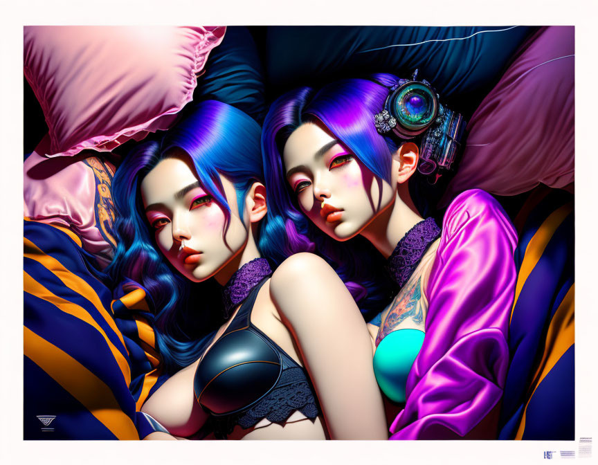 Stylized illustrated characters with blue and purple hair lying on colorful pillows