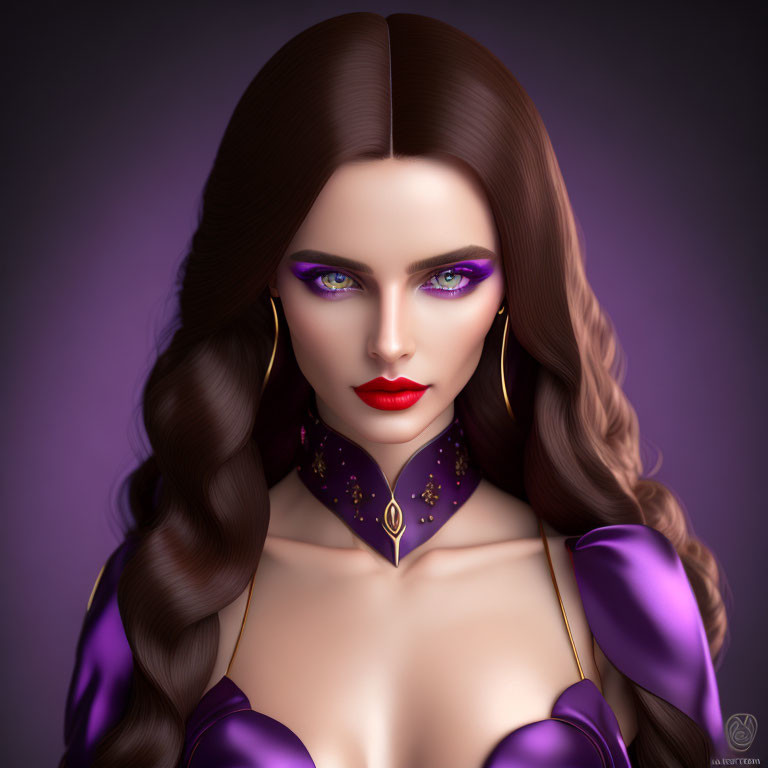 Digital artwork featuring woman with purple makeup, red lips, and voluminous hair on purple backdrop with gold