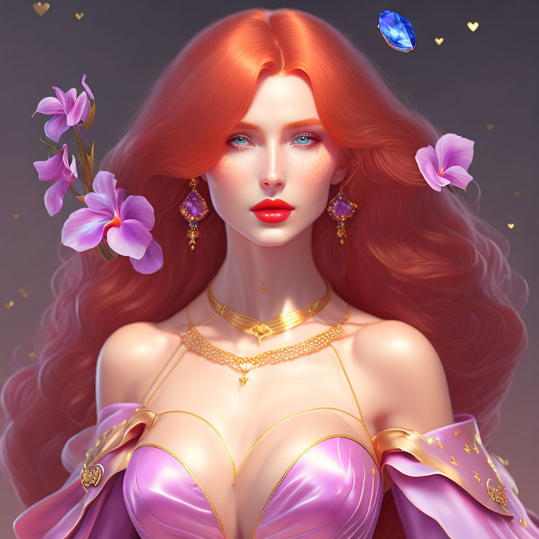 Digital artwork of woman with red hair, blue eyes, purple outfit, gold accents, jewelry, flowers