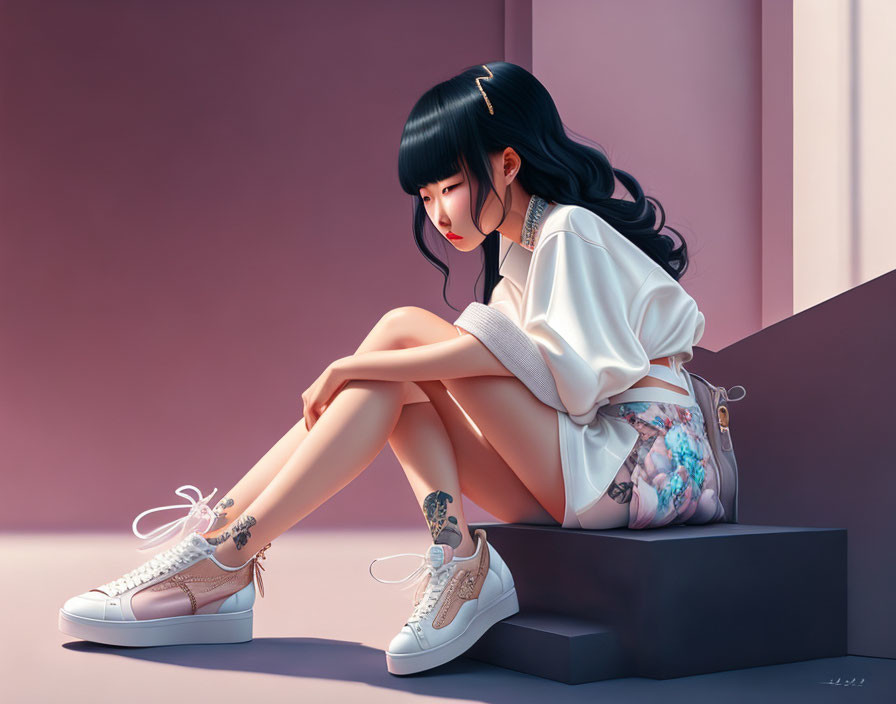 Young woman with black hair in white shirt and floral shorts sitting on steps.