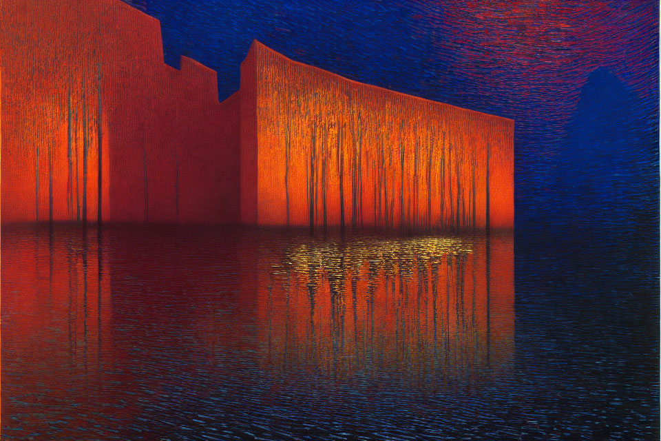 Digital Art: Fiery Orange Structure Reflected on Dark Blue Water