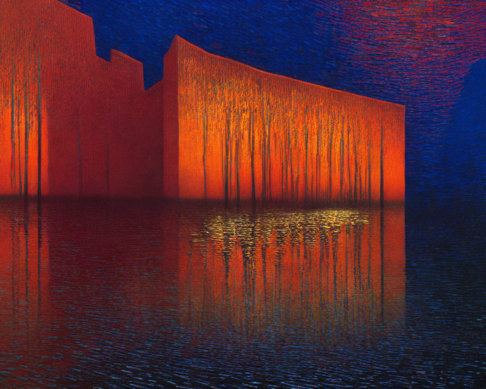 Digital Art: Fiery Orange Structure Reflected on Dark Blue Water