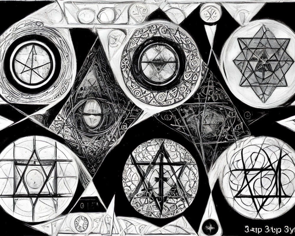 Abstract black and white art with circles, pentagrams, and intricate patterns