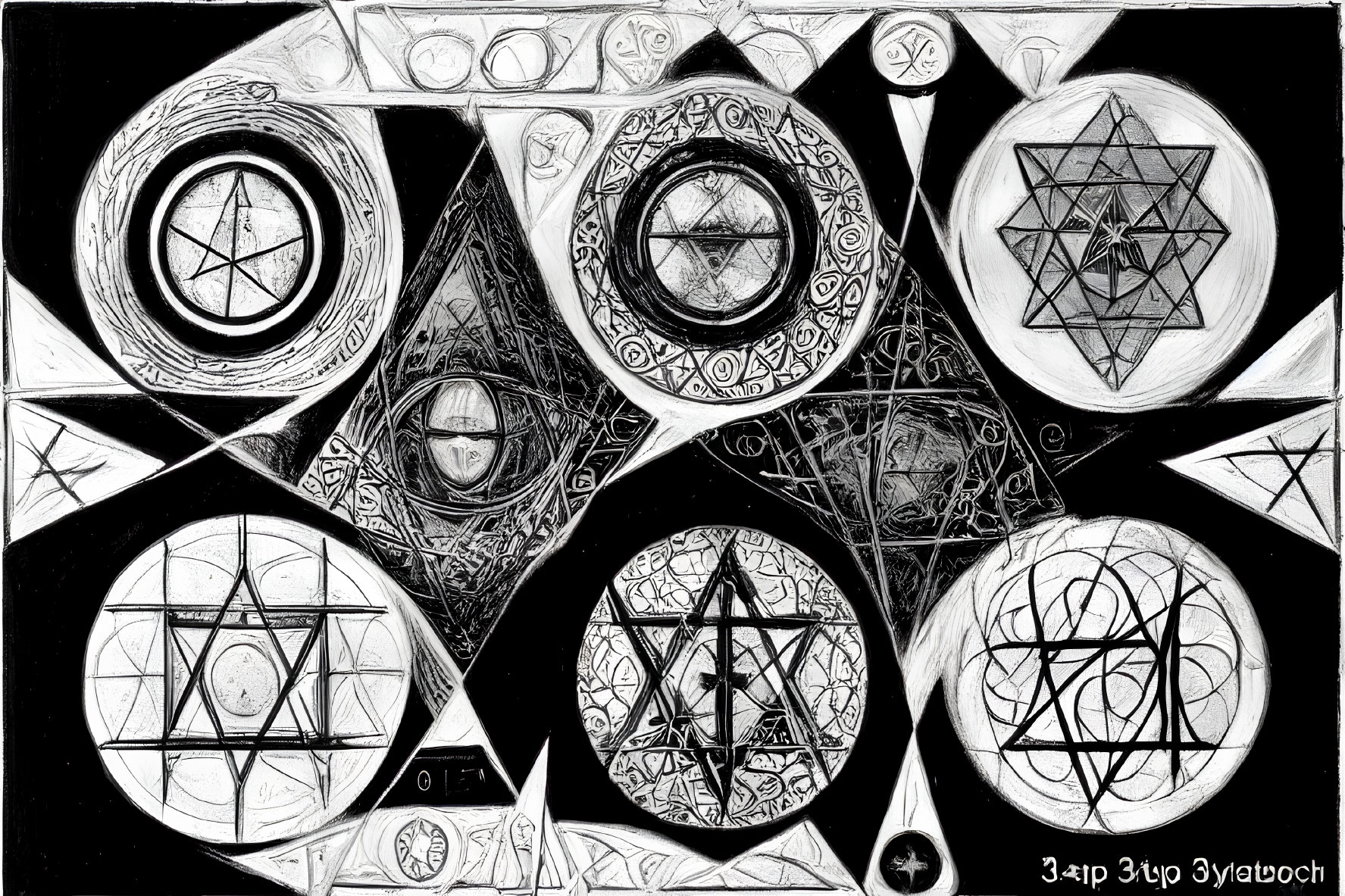 Abstract black and white art with circles, pentagrams, and intricate patterns