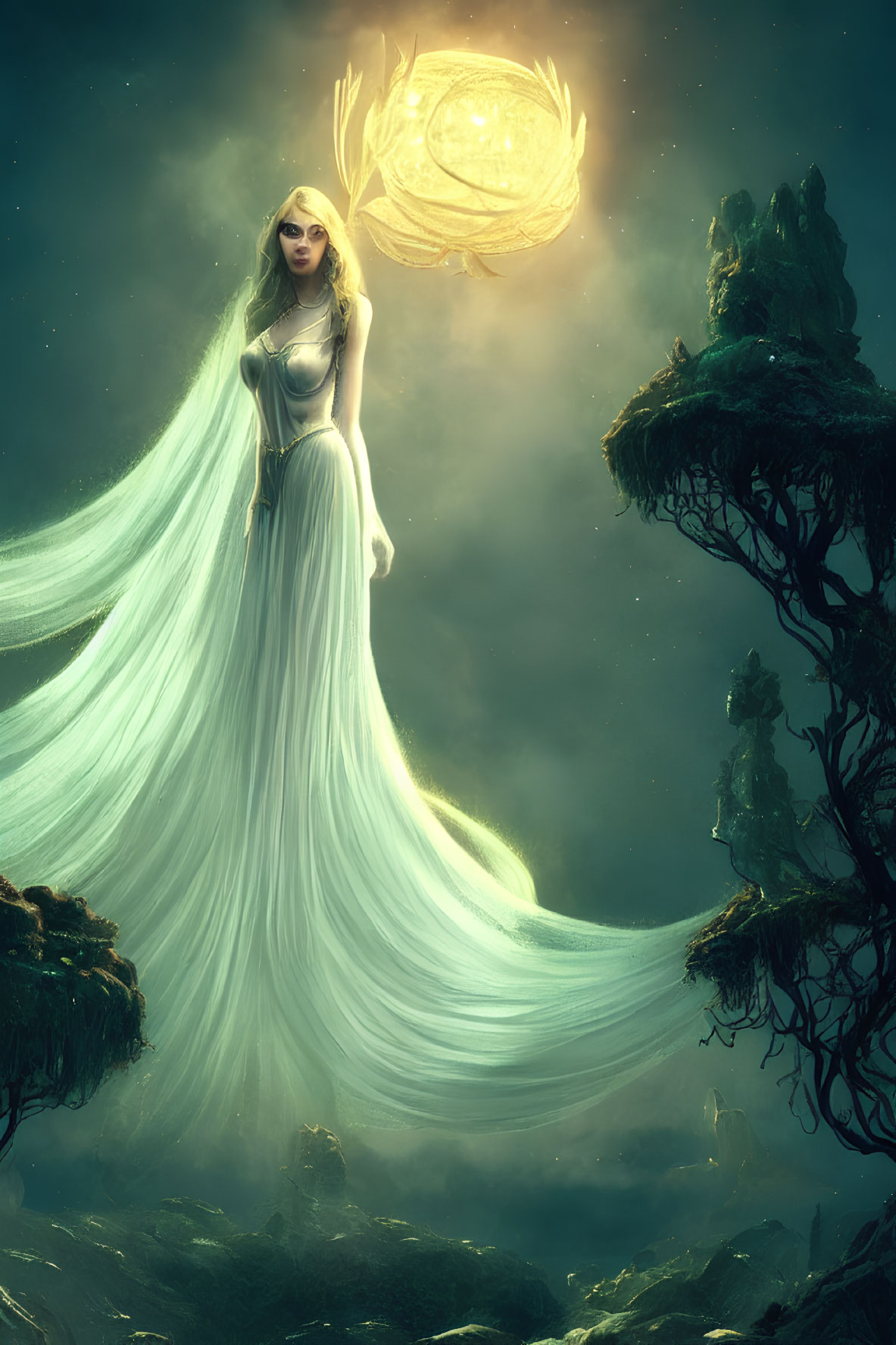 Mystical lady in white gown with glowing orb in ethereal landscape