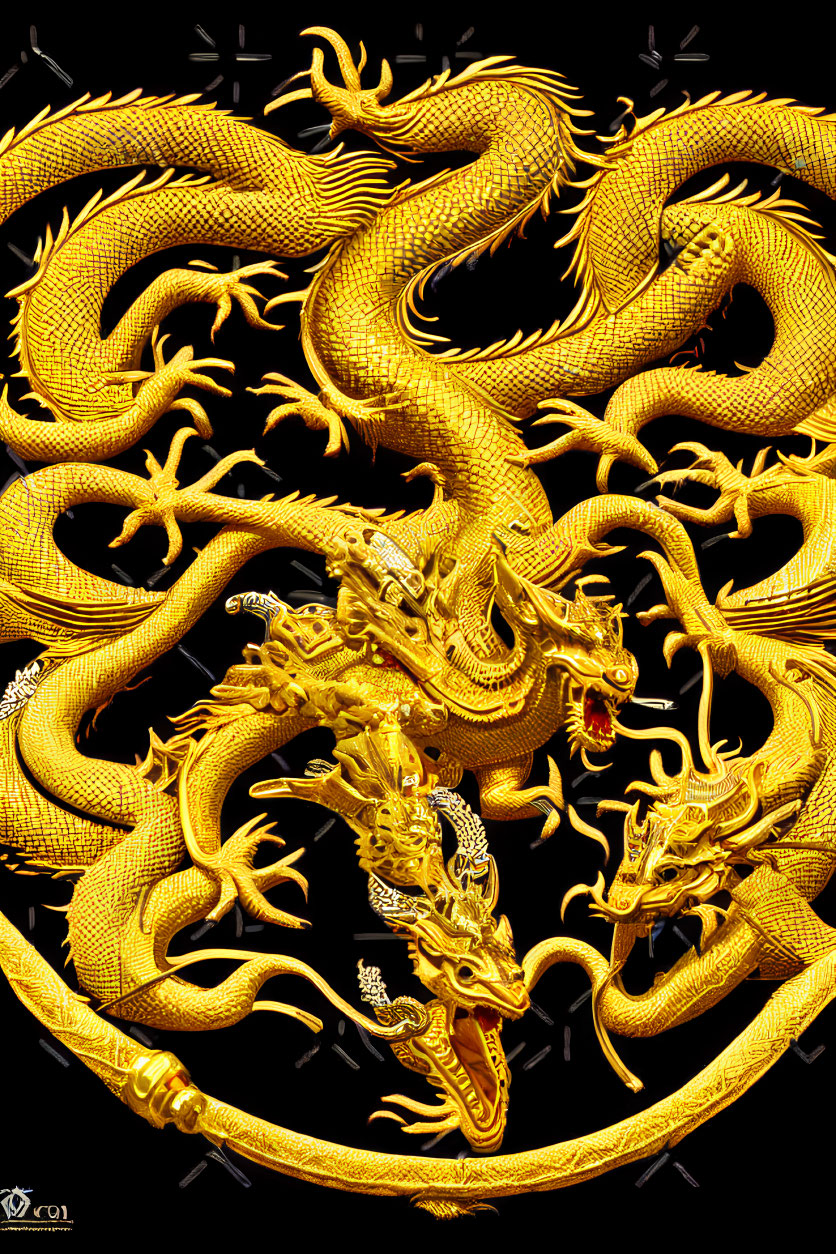 Detailed Golden Dragons Intertwined on Black Background