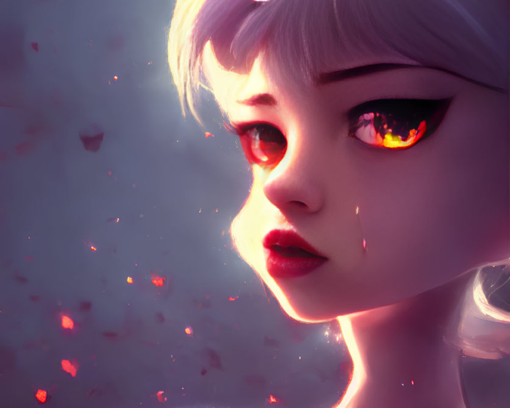 Stylized digital artwork: girl with fiery orange eyes and white hair, surrounded by red petals under