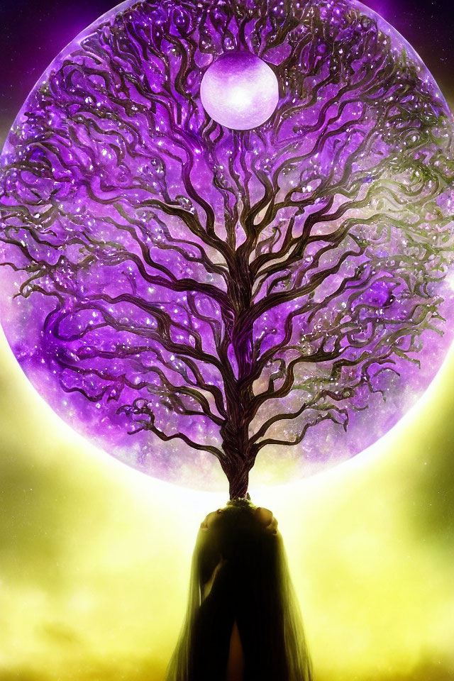 Silhouette of person before vibrant mystical tree under large moon