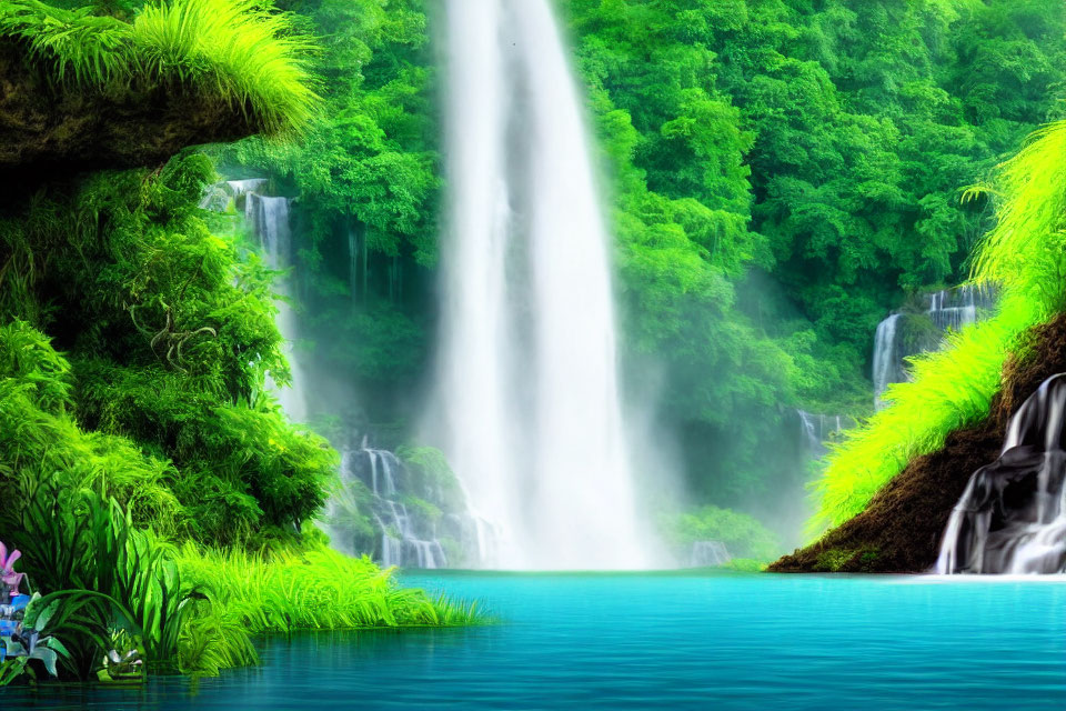 Scenic waterfall flowing into tranquil blue pool surrounded by lush greenery