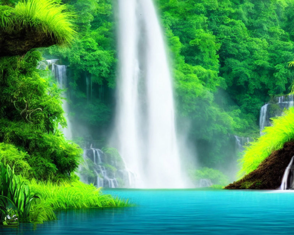 Scenic waterfall flowing into tranquil blue pool surrounded by lush greenery