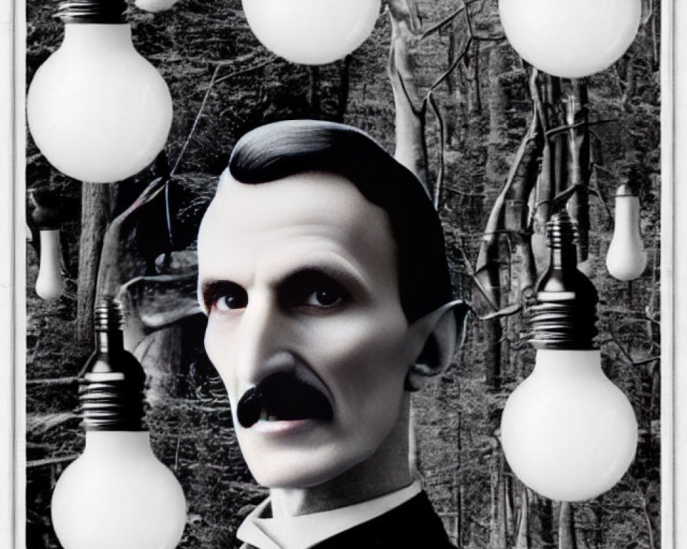 Monochromatic surreal portrait of a man with mustache in suit, bow tie, trees, and