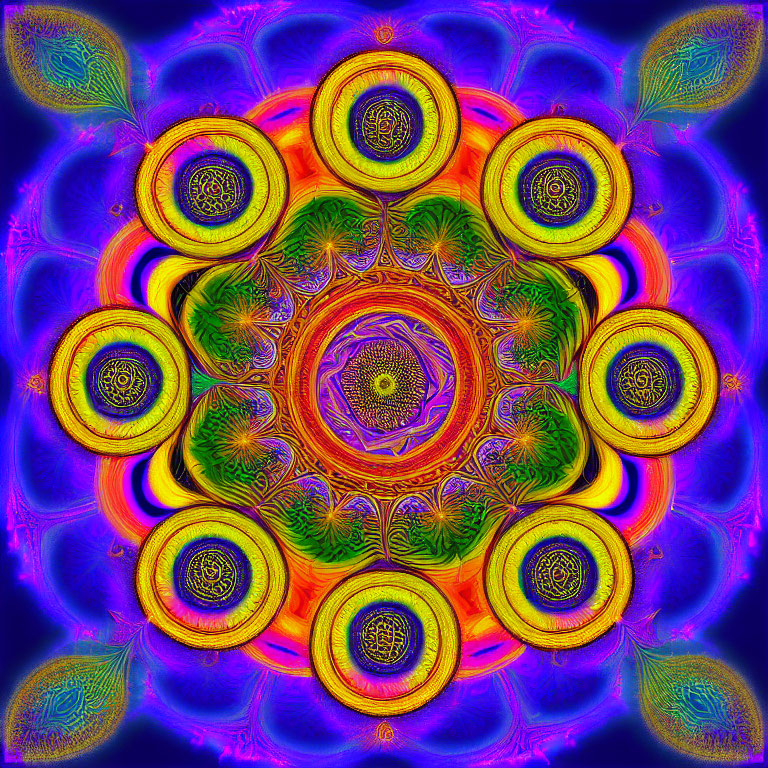 Colorful Symmetrical Kaleidoscopic Patterns in Blue, Yellow, and Orange