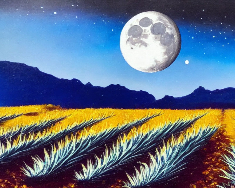 Vibrant painting of agave plants under starry night sky