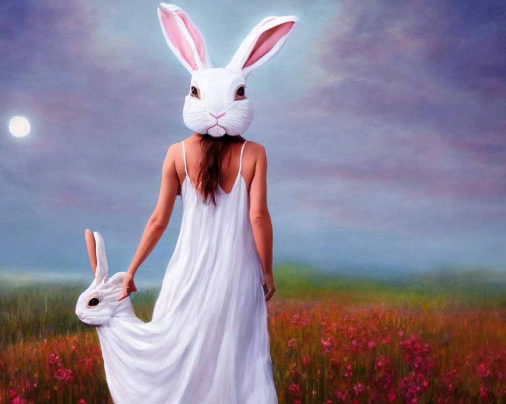 Person in white dress with rabbit mask holding rabbit in flower field at sunset.