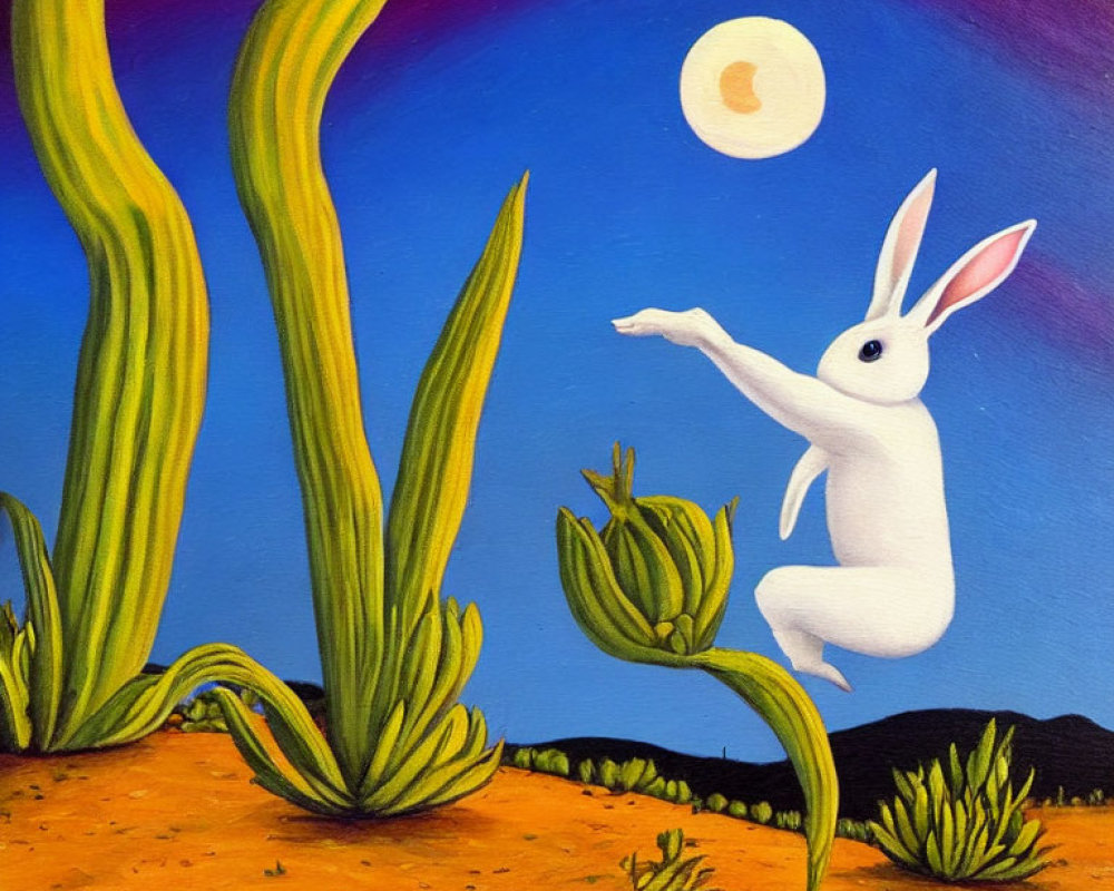 White rabbit reaching for moon in desert twilight scene with tall cacti