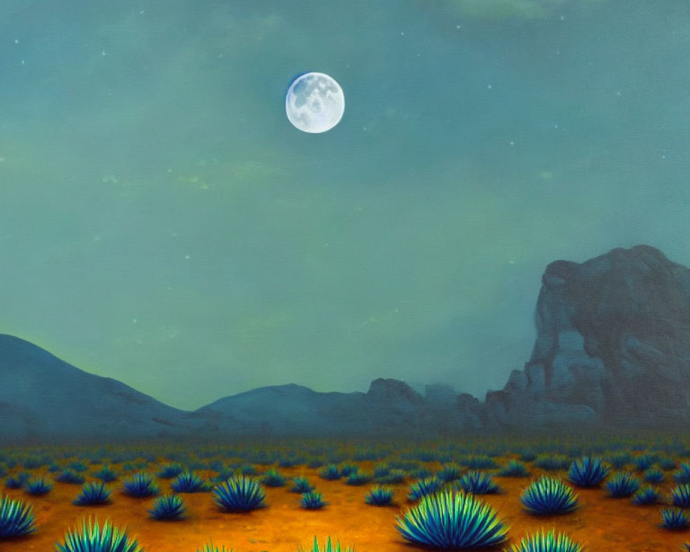 Nighttime Desert Landscape with Blue Agave Plants and Full Moon