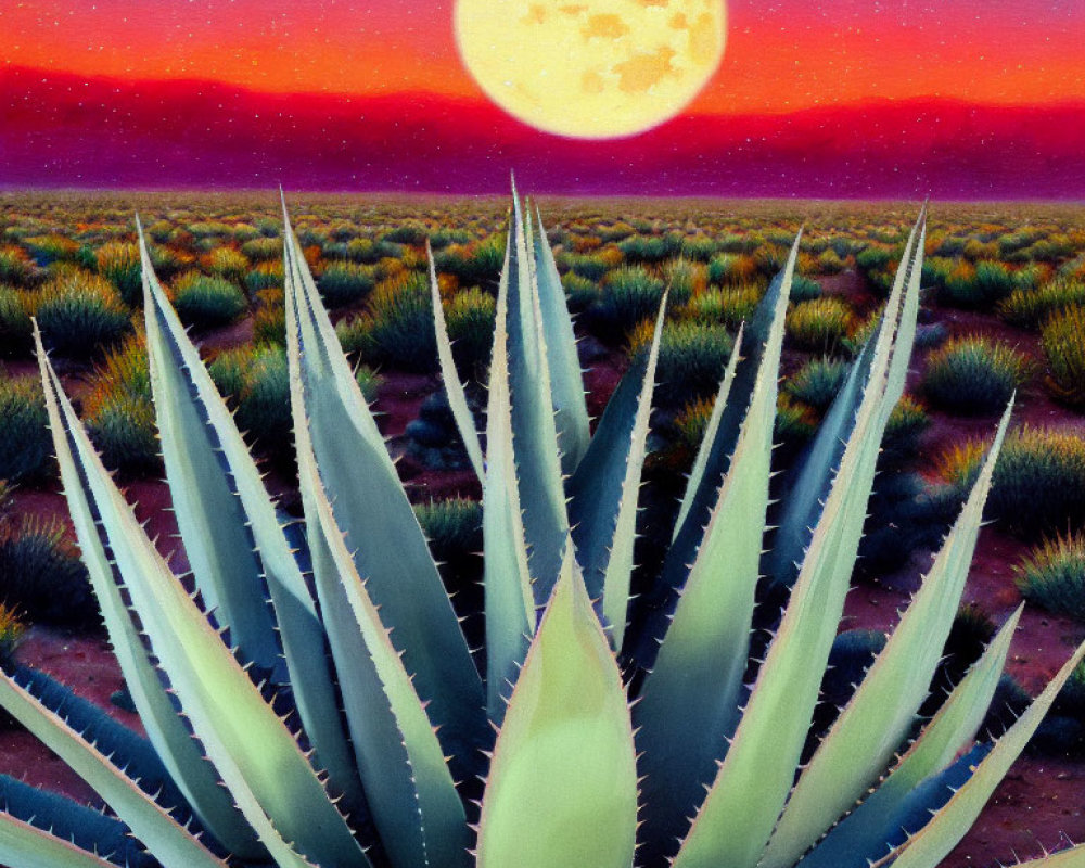 Detailed desert scene painting with full moon, agave plants, and fiery sunset.