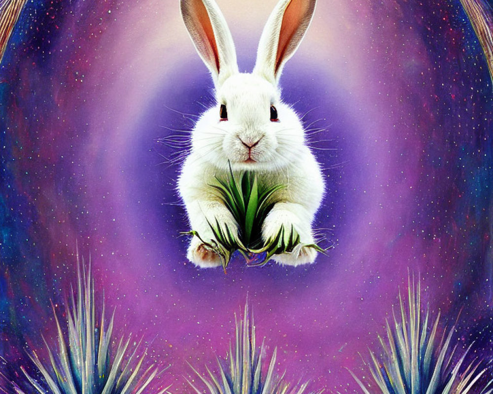 Whimsical white rabbit with greenery on cosmic purple backdrop