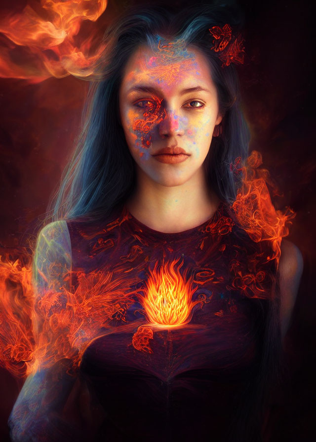 Woman in Vibrant Fire Designs Surrounded by Flames