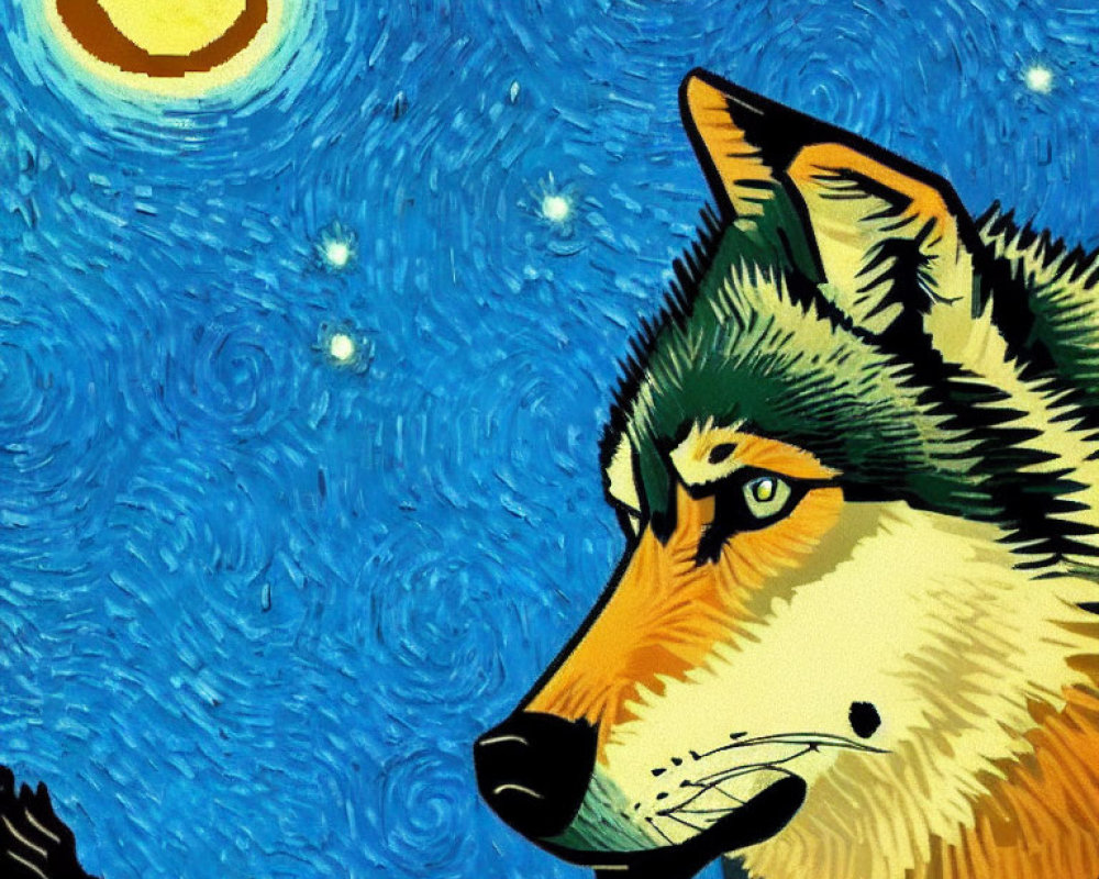 Stylized wolf art with Van Gogh's "Starry Night" inspired backdrop