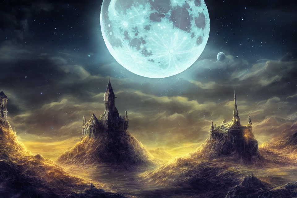 Fantasy landscape with towering spires and rocky peaks under a large moon