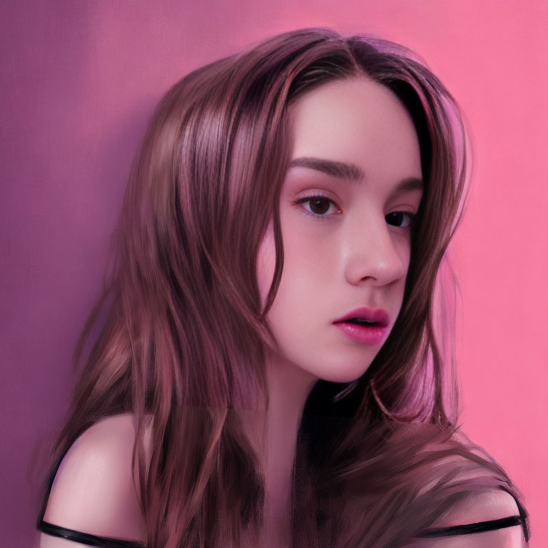 Detailed Digital Artwork: Young Woman with Brown Hair on Pink Background