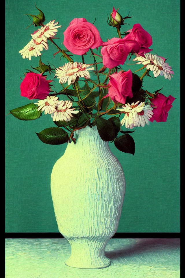 Textured white vase with pink roses and white daisies on teal background