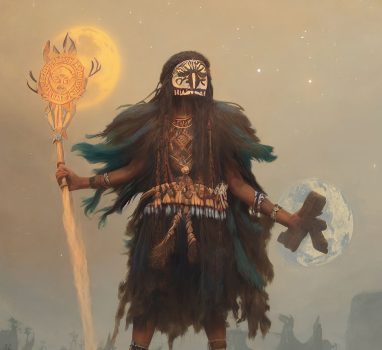 Mystical shaman with mask and staff in sun and moon backdrop