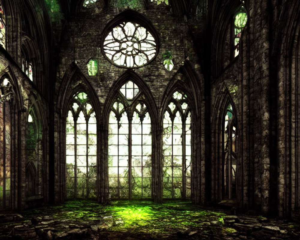 Abandoned cathedral with stained glass windows and overgrown vegetation