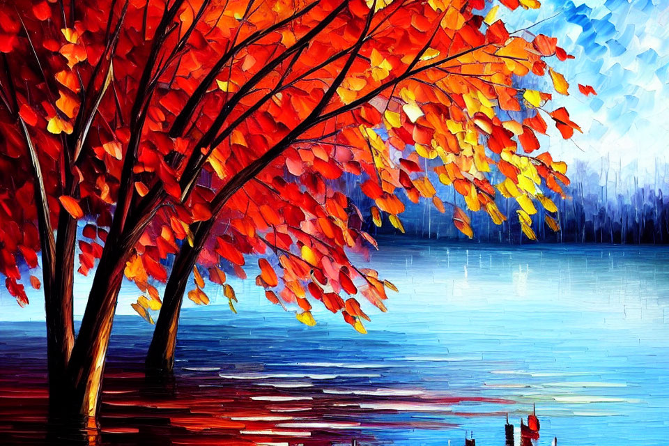 Autumn Trees with Red-Orange Leaves Reflecting on Blue Lake