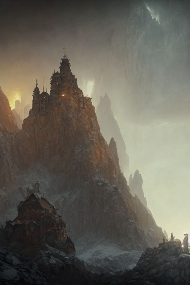 Misty mountain with castle-like structure overlooking settlement