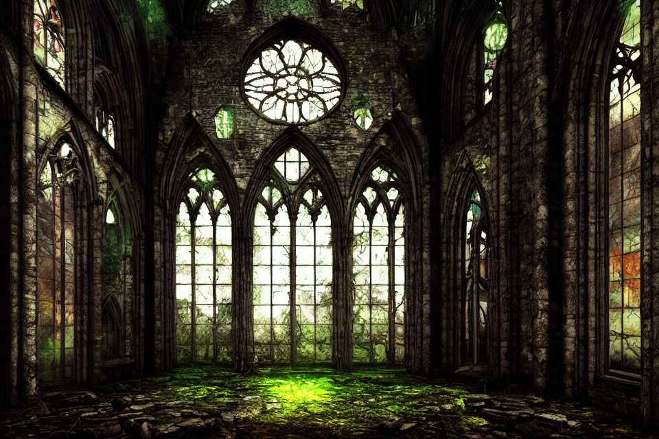 Abandoned cathedral with stained glass windows and overgrown vegetation