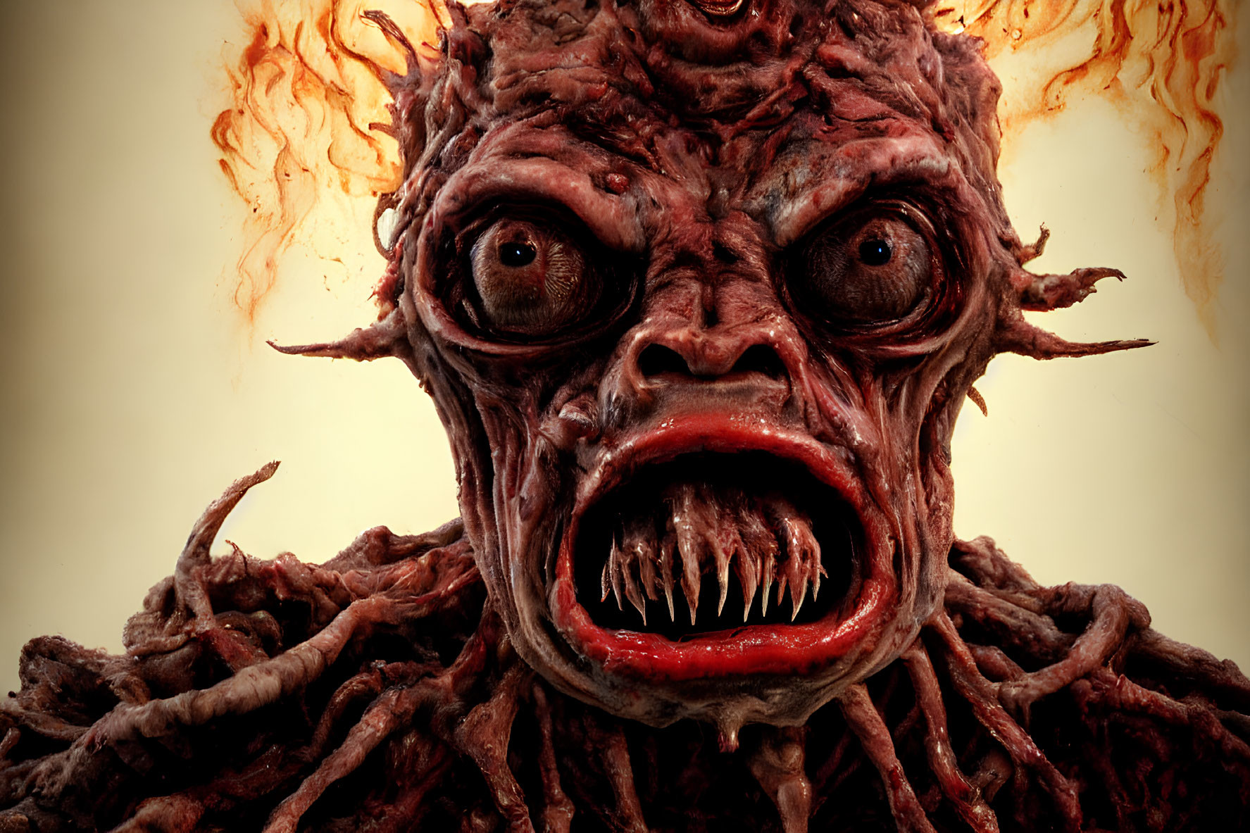 Grotesque monster mask with bulging eyes, snarling mouth, fiery hair, and tendr