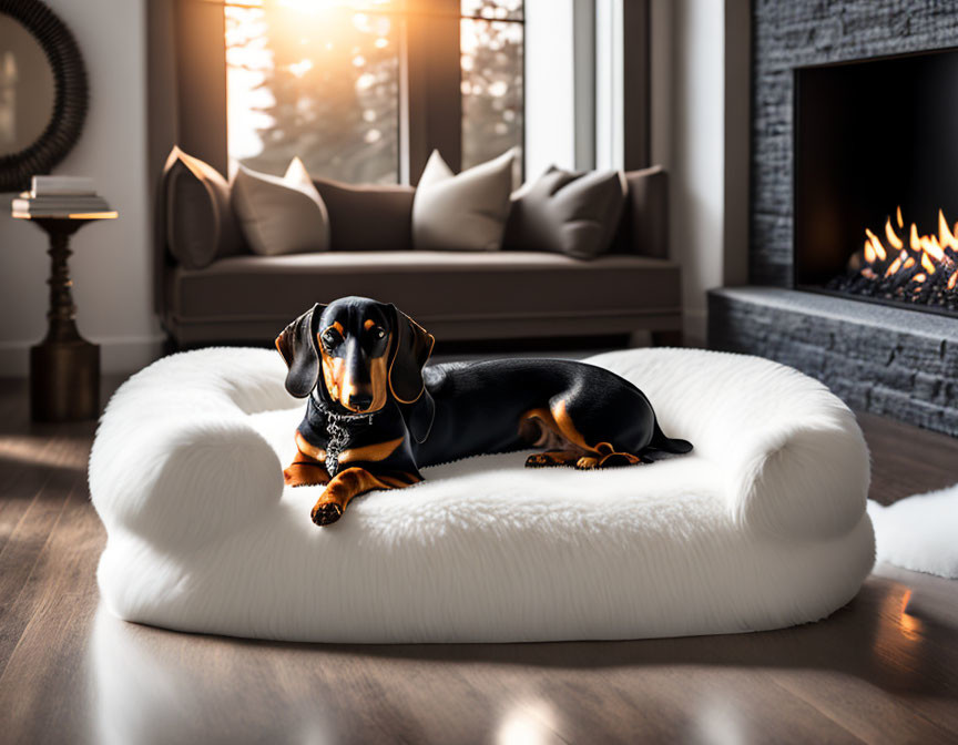 Cozy room with dachshund on white dog bed