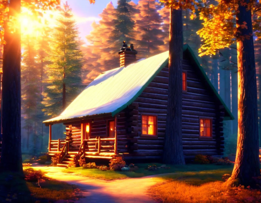 Rustic log cabin among tall trees at sunrise or sunset