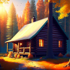 Rustic log cabin among tall trees at sunrise or sunset