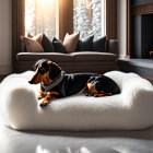 Cozy room with dachshund on white dog bed