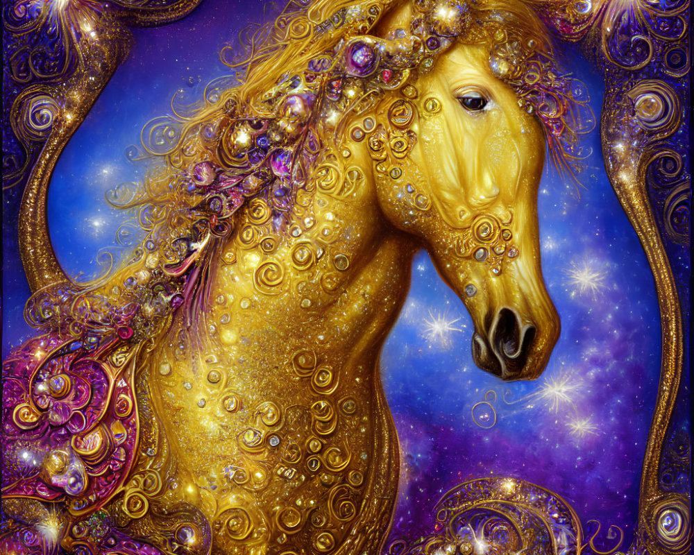 Golden horse adorned with jewels in cosmic setting