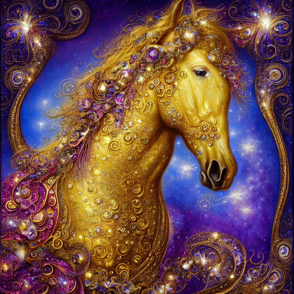 Golden horse adorned with jewels in cosmic setting