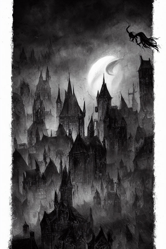 Monochromatic gothic cityscape with flying dragon and towering spires